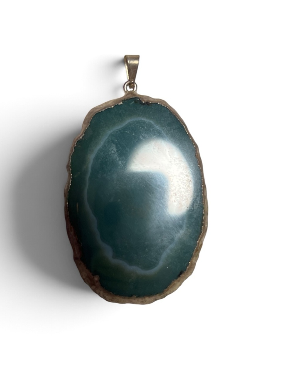 Large Green Agate Slice Pendant Brass Tone No Chain